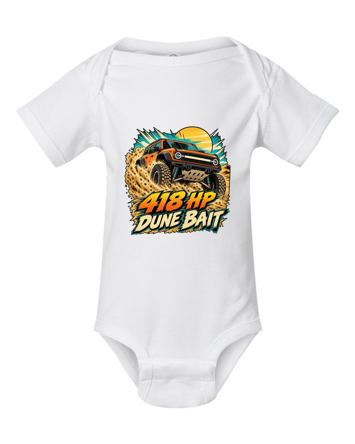 Ford Bronco Raptor U725 in a retro manga halftone dune panel print white baby onesie front view with the design