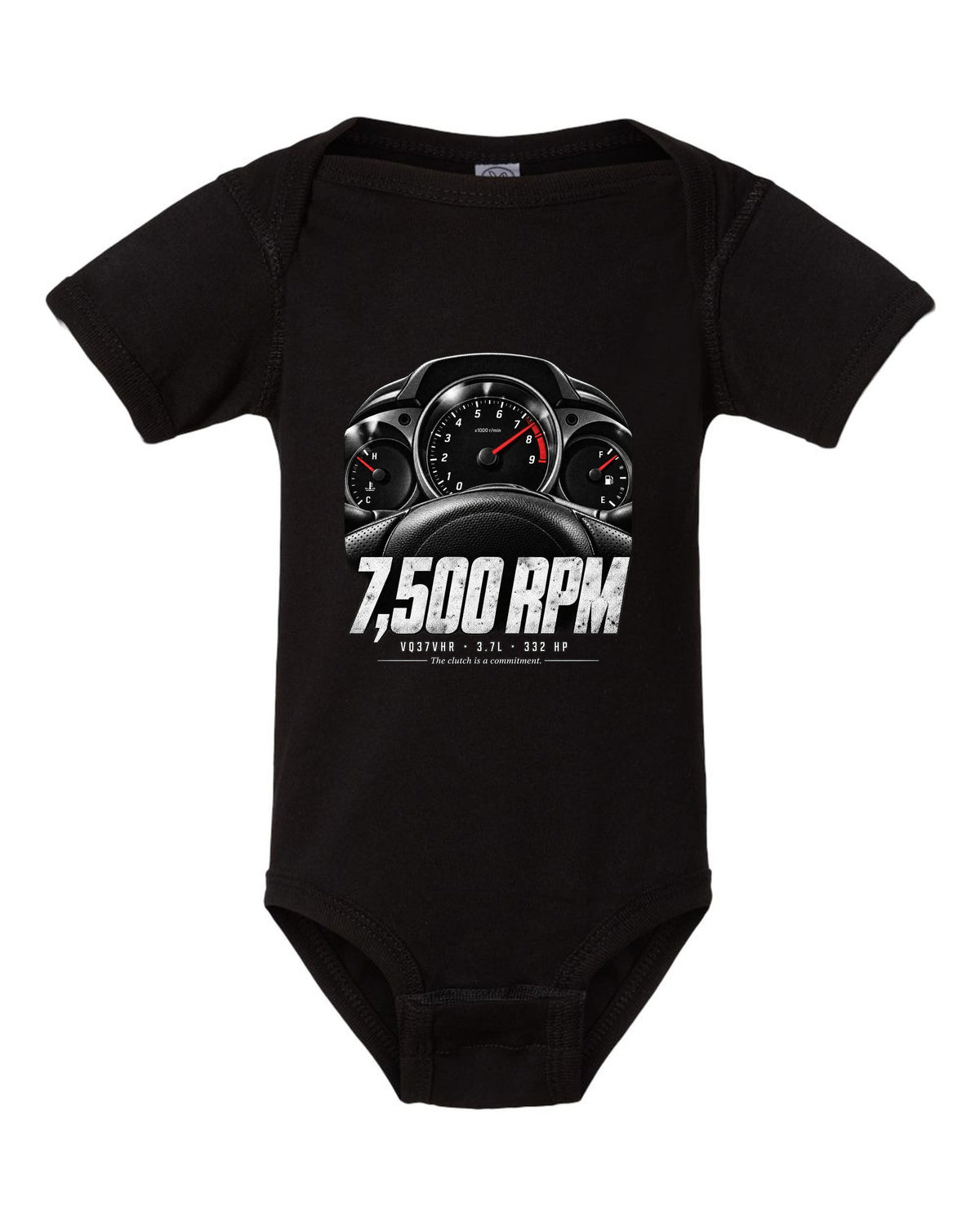 print of a Nissan 370Z Z34 gauge cluster at 7,500 RPM with VQ37VHR text black baby onesie front view with the design