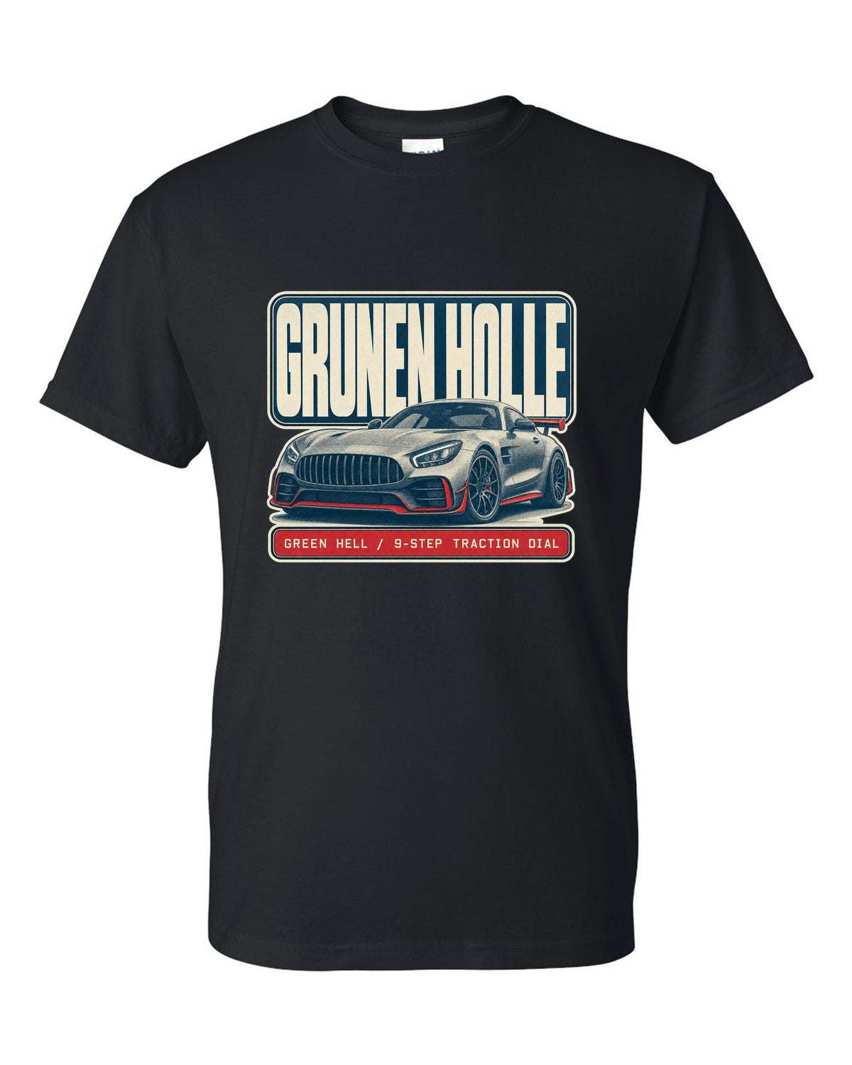 Mercedes-AMG GT R C190 halftone Green Hell print black t-shirt front view with the design