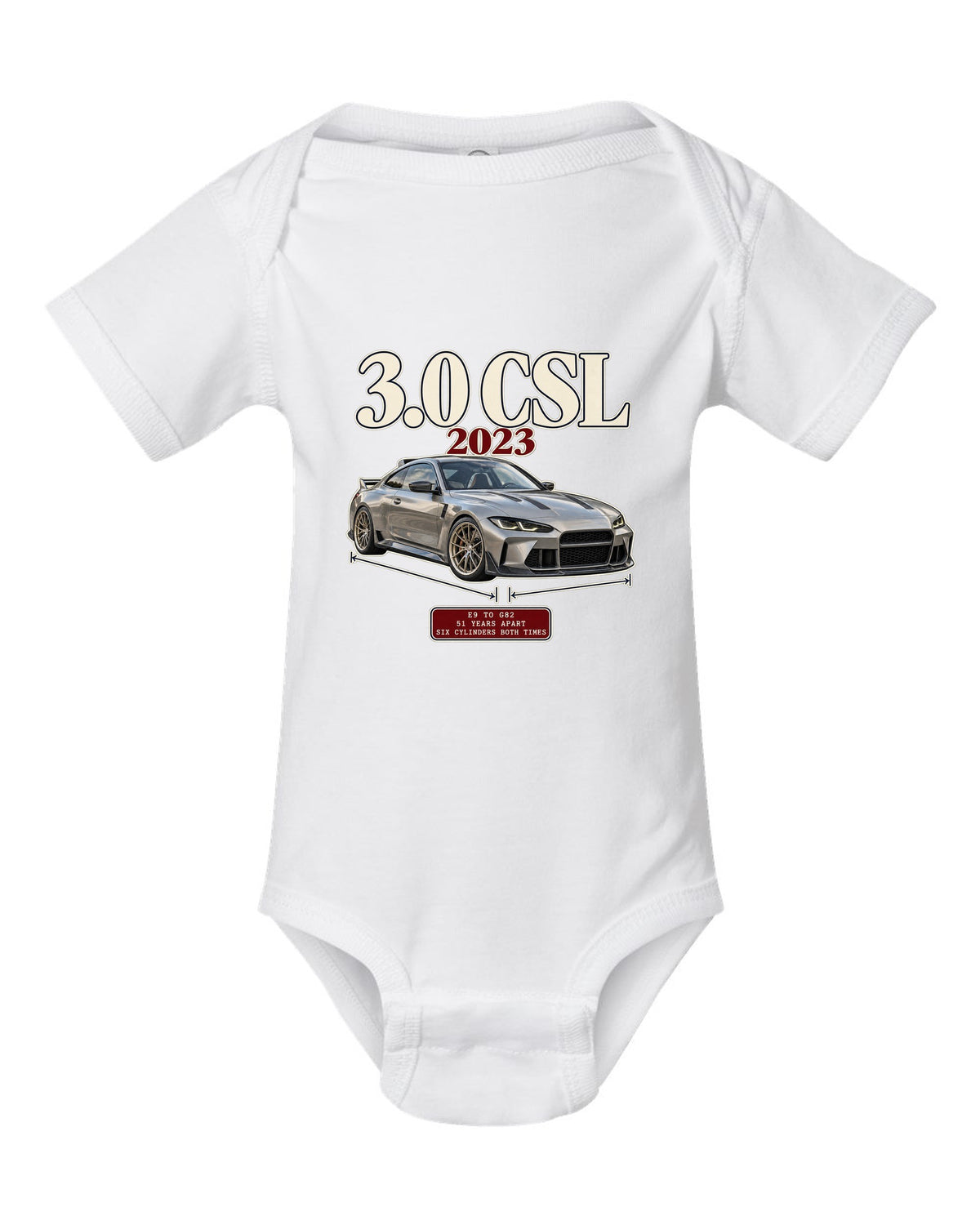 BMW 3.0 CSL E9 to G82 archive panel print white baby onesie front view with the design