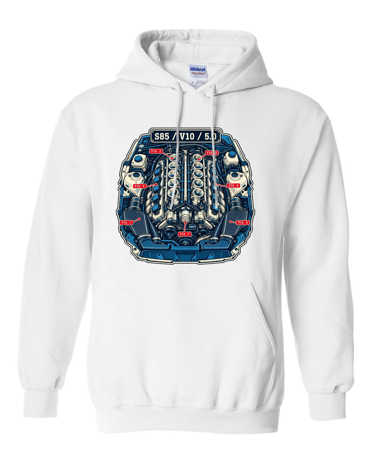 Blueprint patent-style line drawing of the BMW S85 V10 engine from the M5 E60 white pull over hoodie front view with the design