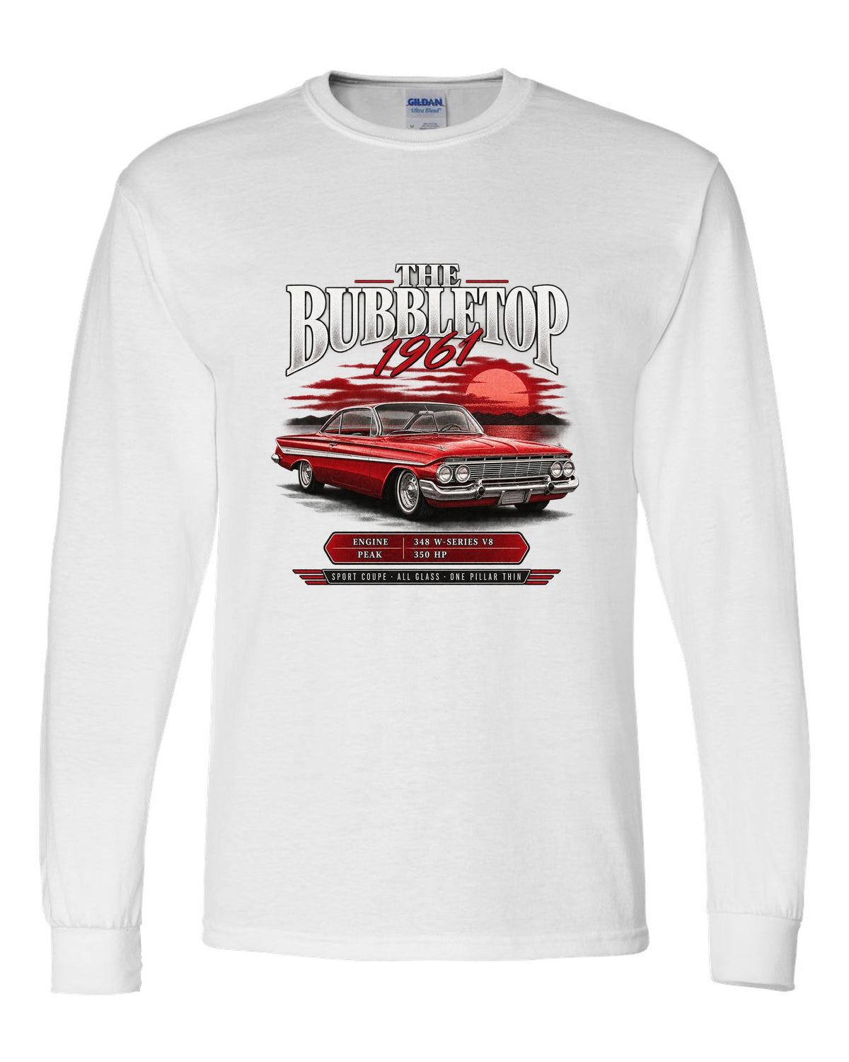 1961 Impala Sport Coupe bubbletop archive panel print with 348 V8 callouts white long sleeve front view with the design