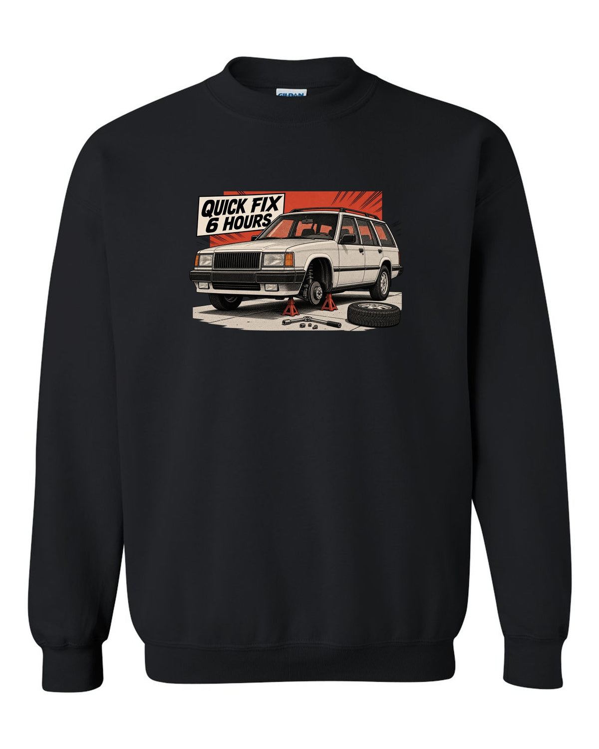 Retro manga halftone panel of a Jeep Cherokee XJ on jack stands with Quick Fix 6 Hours text black crewneck front view with the design