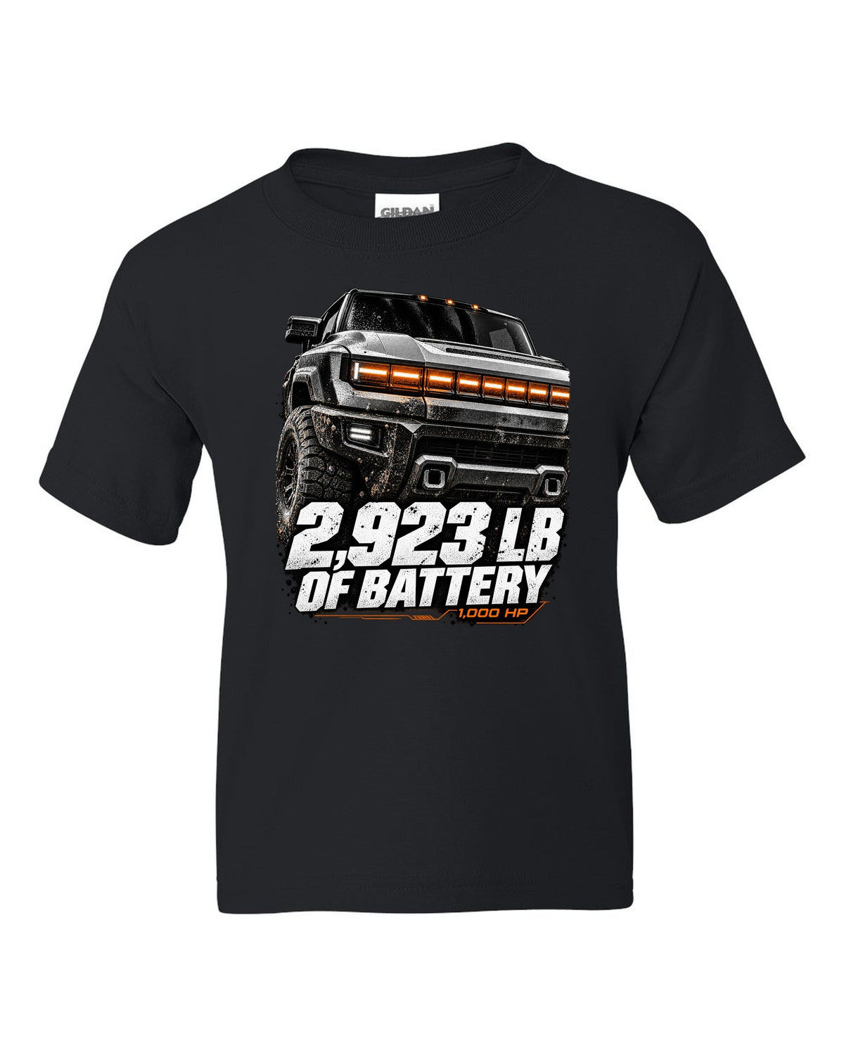 GMC Hummer EV pickup lit front panel macro with battery weight text black kids tee front view with the design