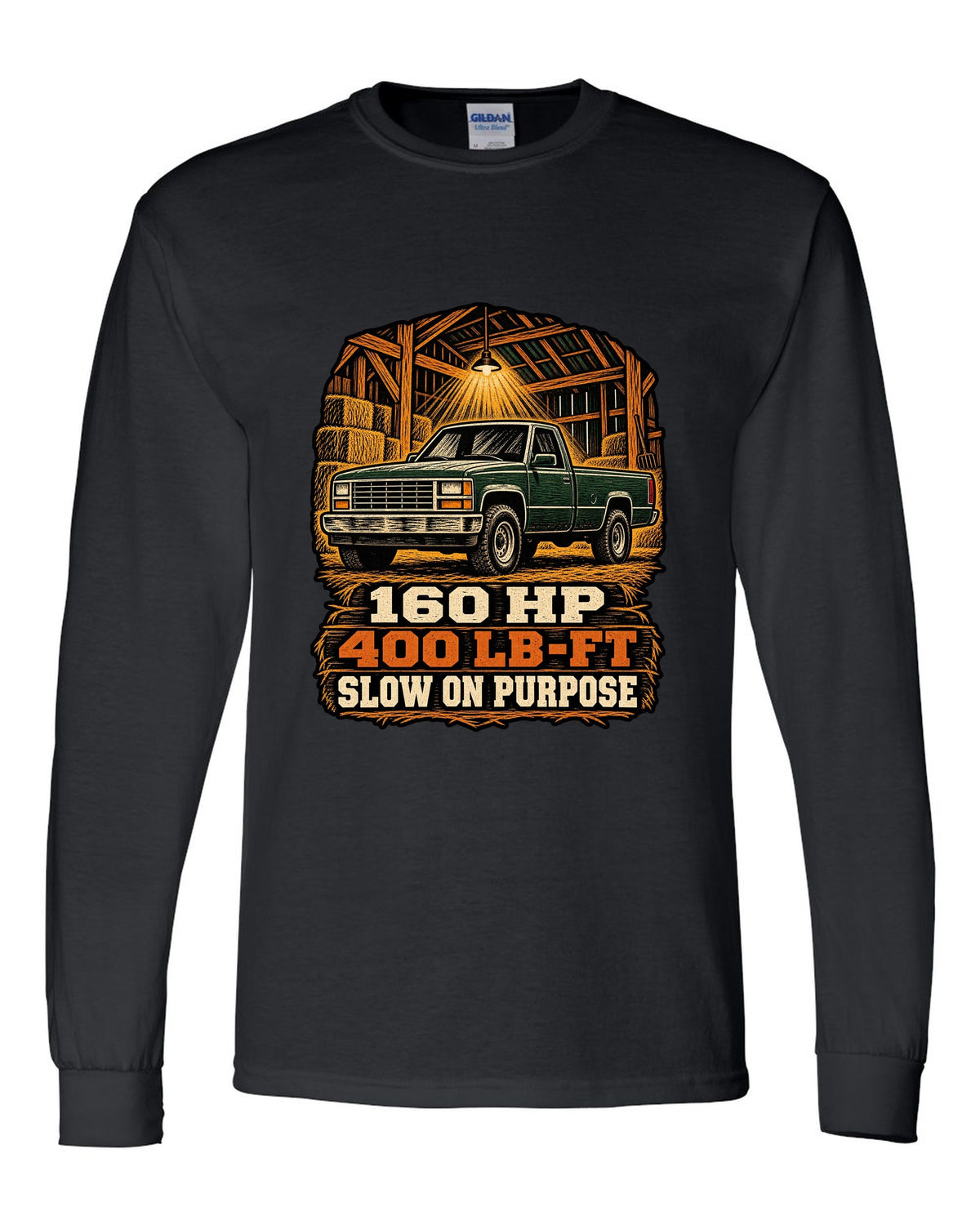 Woodcut style print of a 1989-1993 Dodge Ram D250 Cummins on an oversized shirt black long sleeve front view with the design