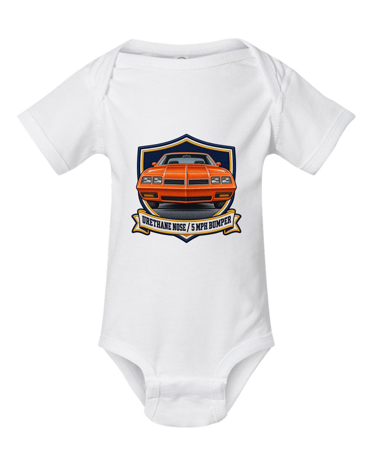 Varsity crest print for a 1973 Chevelle Laguna S-3 with the text Urethane Nose, 5 MPH Bumper white baby onesie front view with the design