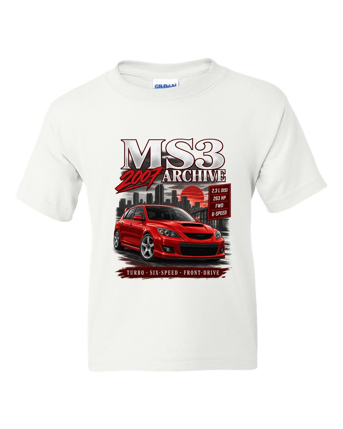 Mazdaspeed3 front three-quarter archive panel with MS3 Archive 2007 heading white kids tee front view with the design
