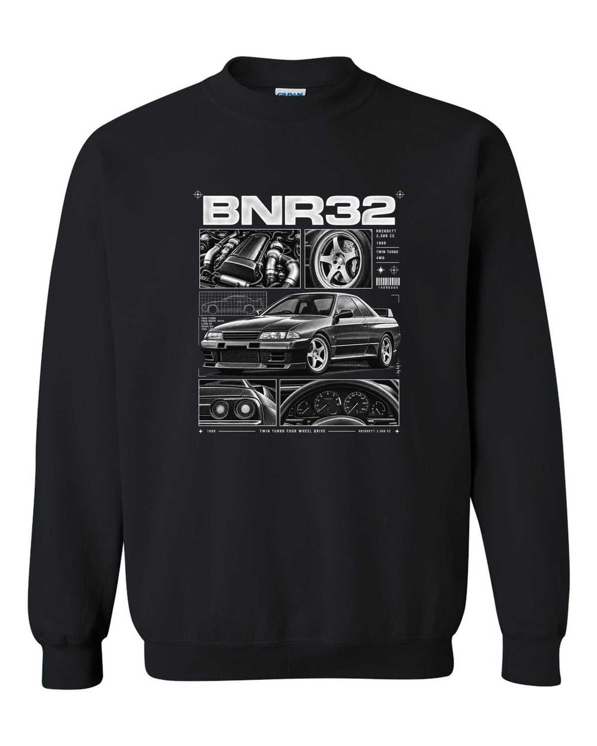 Dossier panel print of a Nissan Skyline GT-R R32 BNR32 with RB26DETT specs black crewneck front view with the design
