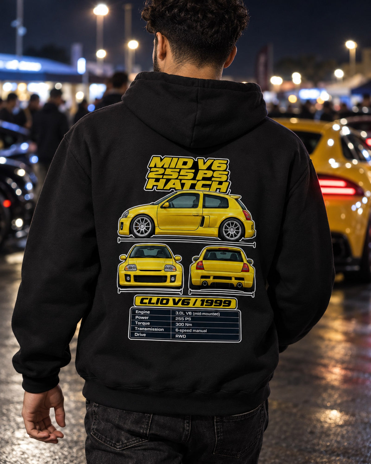 Renault Clio V6 Spec Sheet Full-Back Graphic Tee Pull Over Hoodie Black worn hero