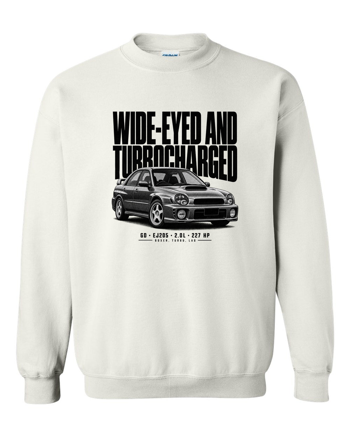 Halftone Subaru Impreza WRX GD Bugeye saloon with wide-eyed and turbocharged text white crewneck front view with the design