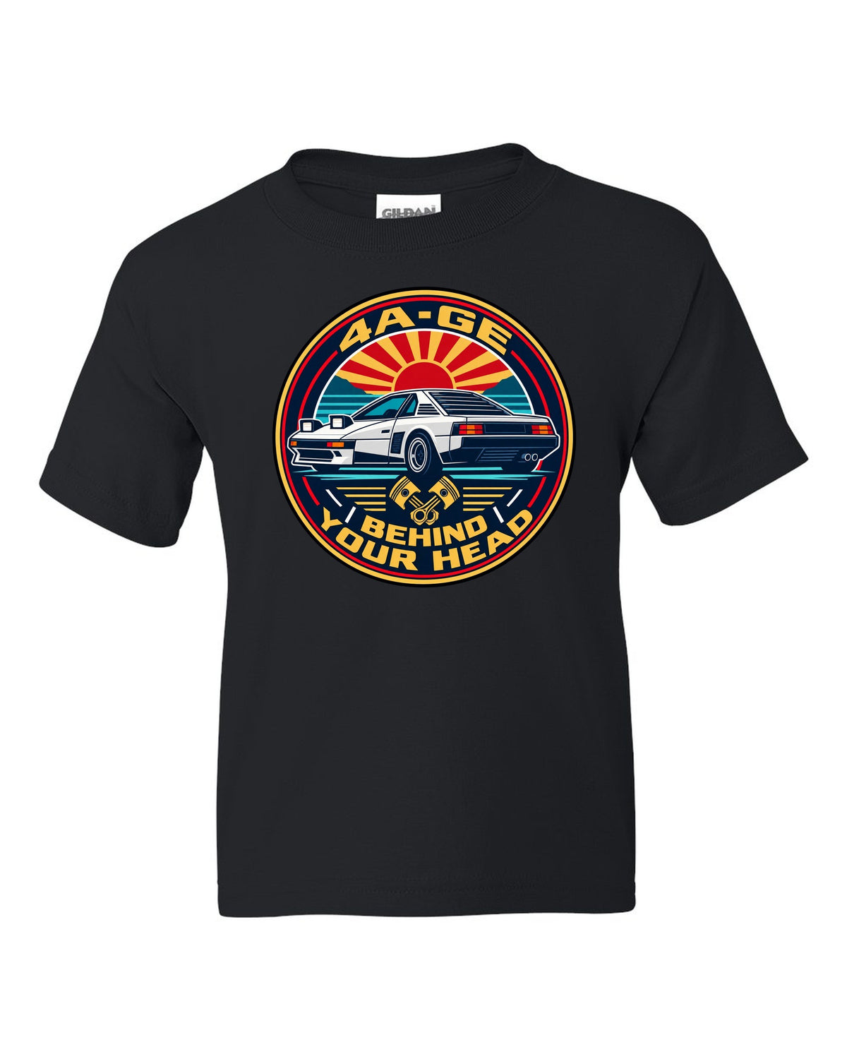 Round crest print of a Toyota MR2 AW11 with 4A-GE text black kids tee front view with the design
