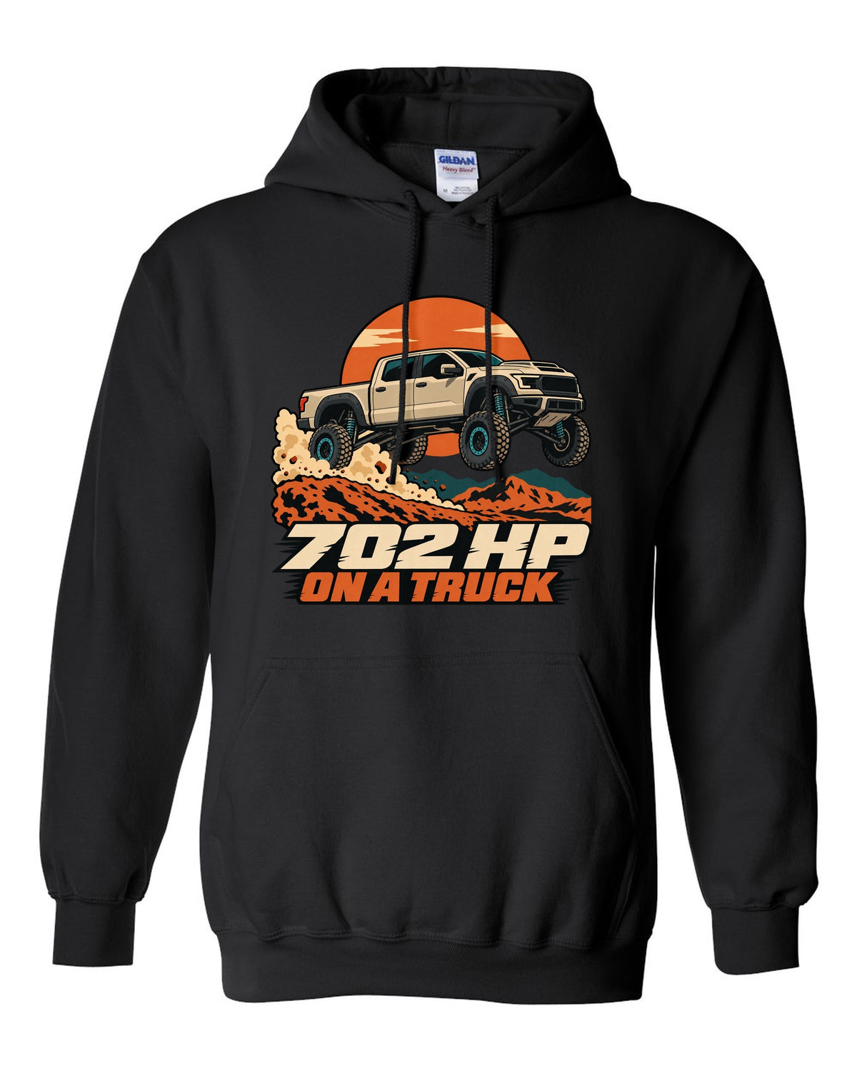 Vector poster print of a Ram 1500 TRX jumping a dune with the text 702 HP black pull over hoodie front view with the design
