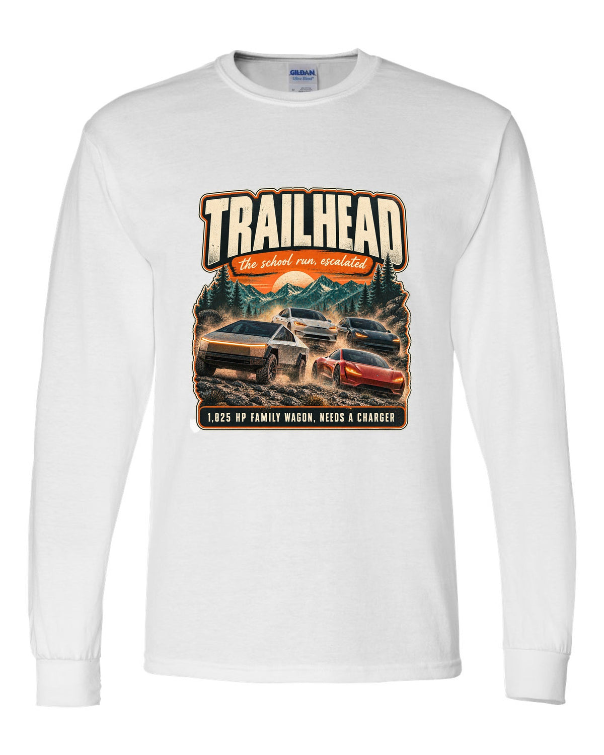 Street poster print of a Rivian R1S with trailhead and horsepower text white long sleeve front view with the design