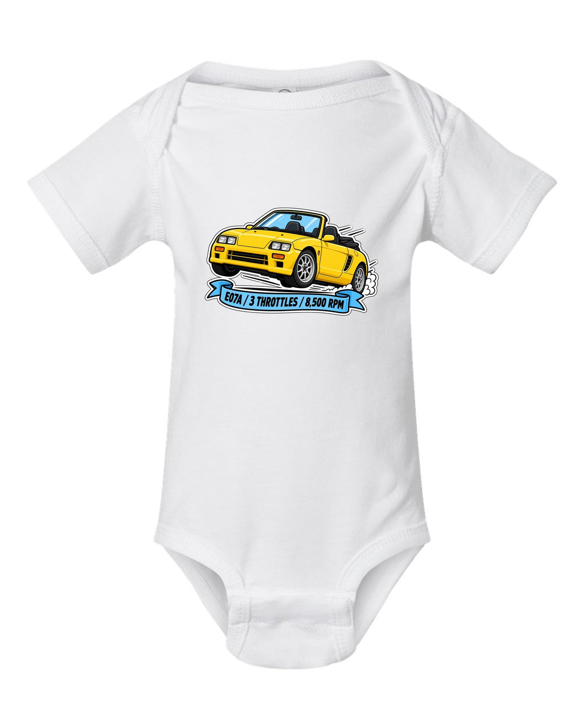 Sticker-style illustration of a Honda Beat PP1 with E07A engine and 8,500 rpm lettering white baby onesie front view with the design