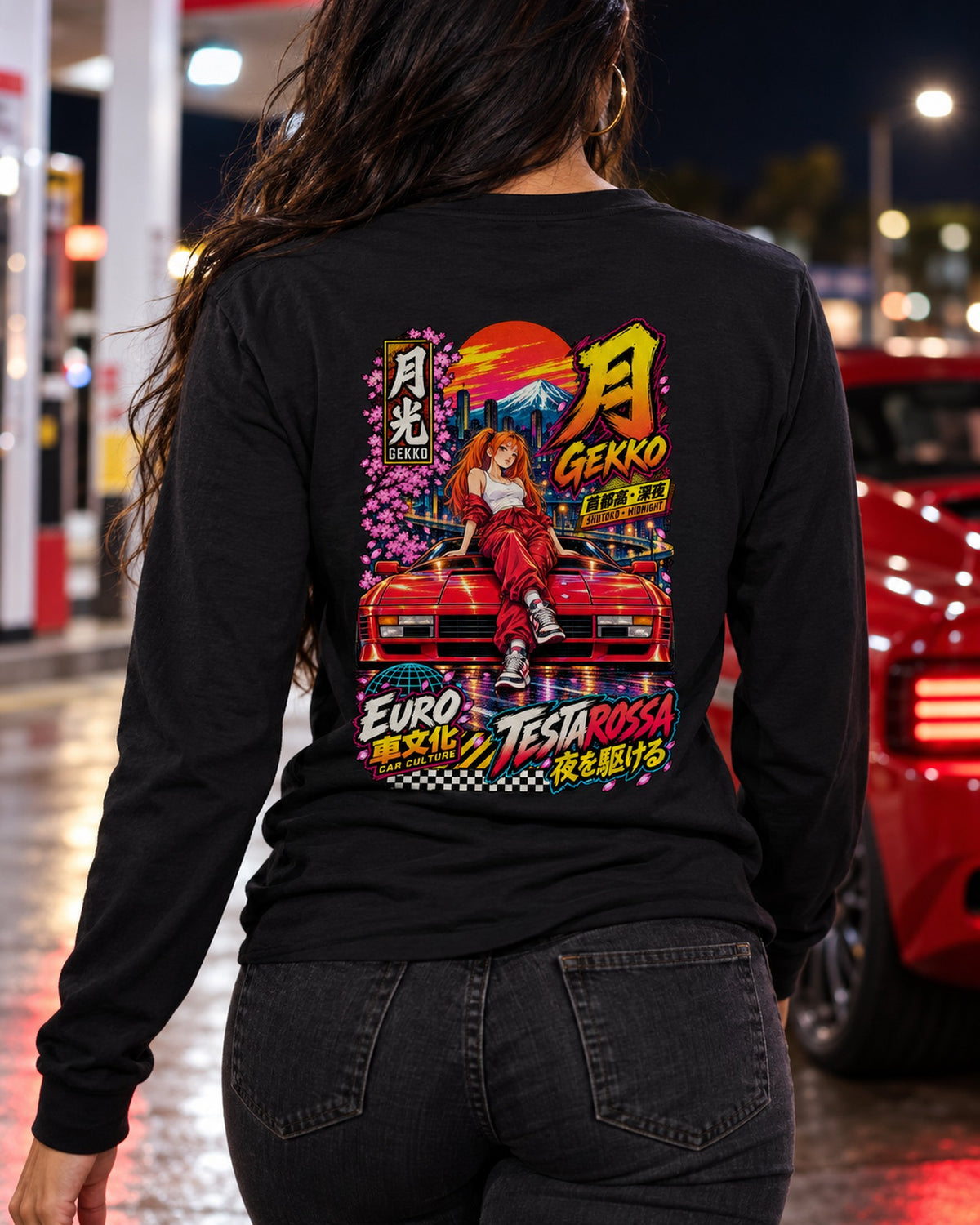 GEKKO TESTAROSSA Anime Girl Full-Back Graphic Tee Long Sleeve Black worn hero
