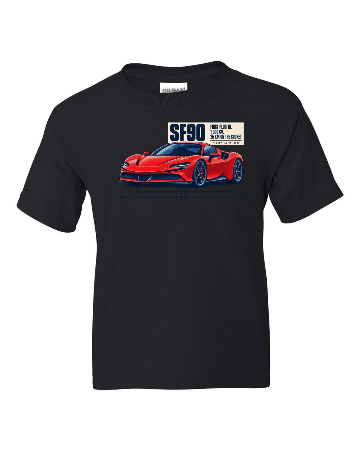 Ferrari SF90 Stradale halftone print with first plug-in, 1,000 CV text black kids tee front view with the design