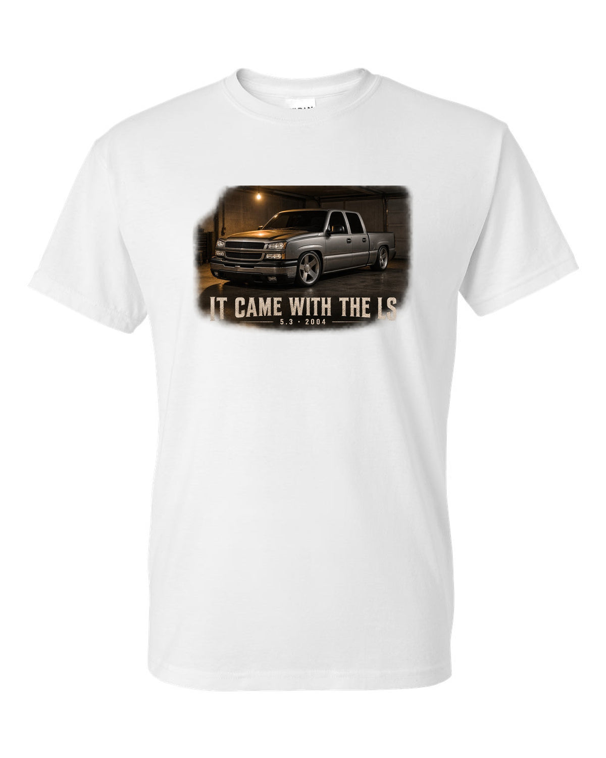2004 Chevy Silverado crew cab in a garage night scene, print white t-shirt front view with the design