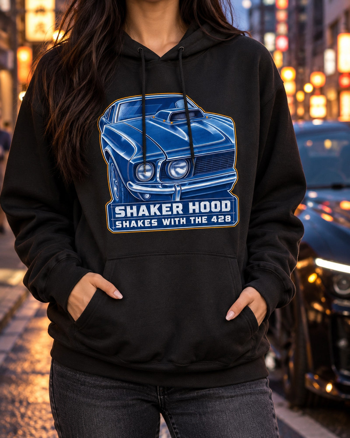1969 Ford Mustang Fastback Shaker Hood Cyanotype Shirt Pull Over Hoodie Black worn hero