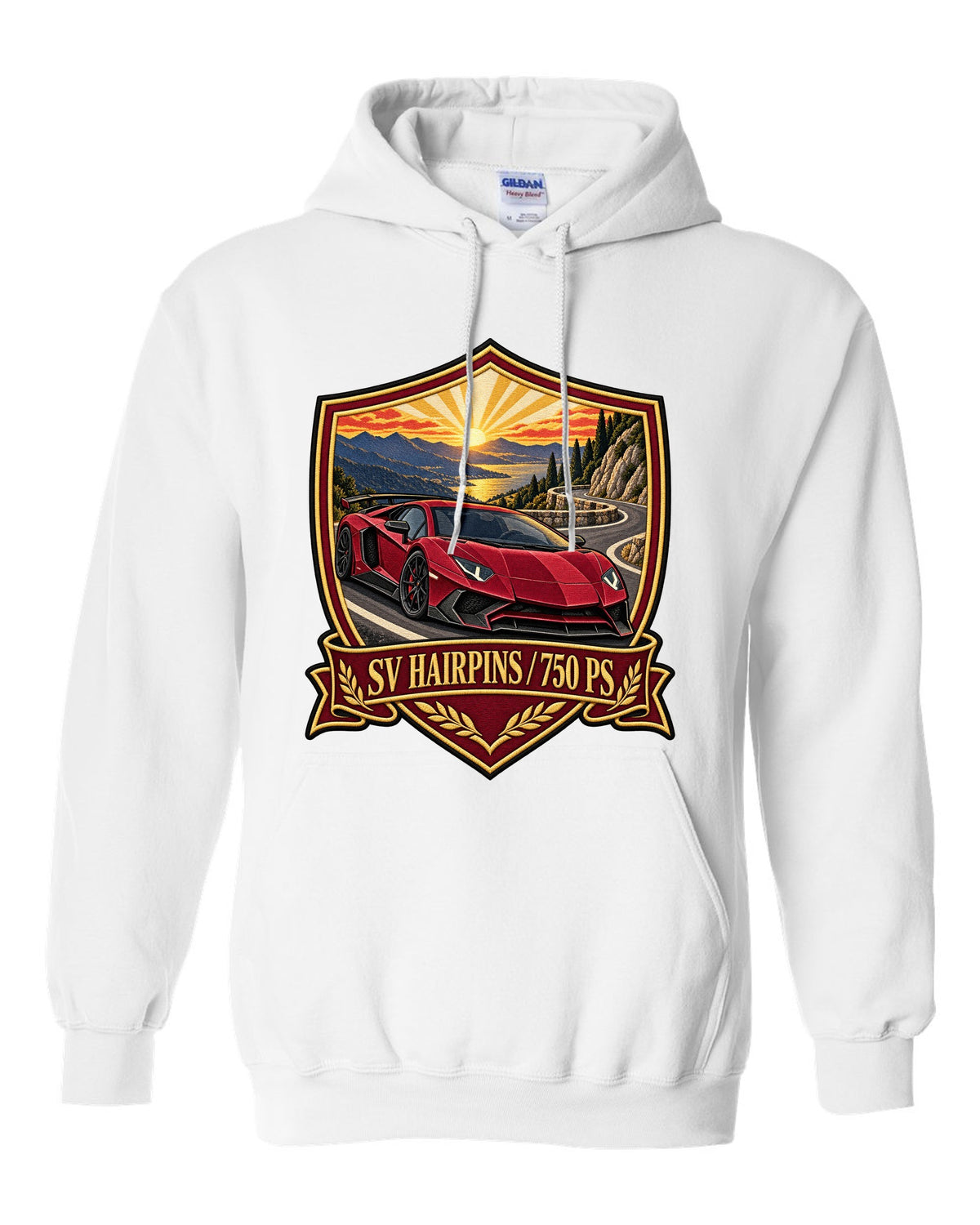 Embroidery-style shield crest of a Lamborghini Aventador LP750-4 SV on a golden hour hairpin white pull over hoodie front view with the design