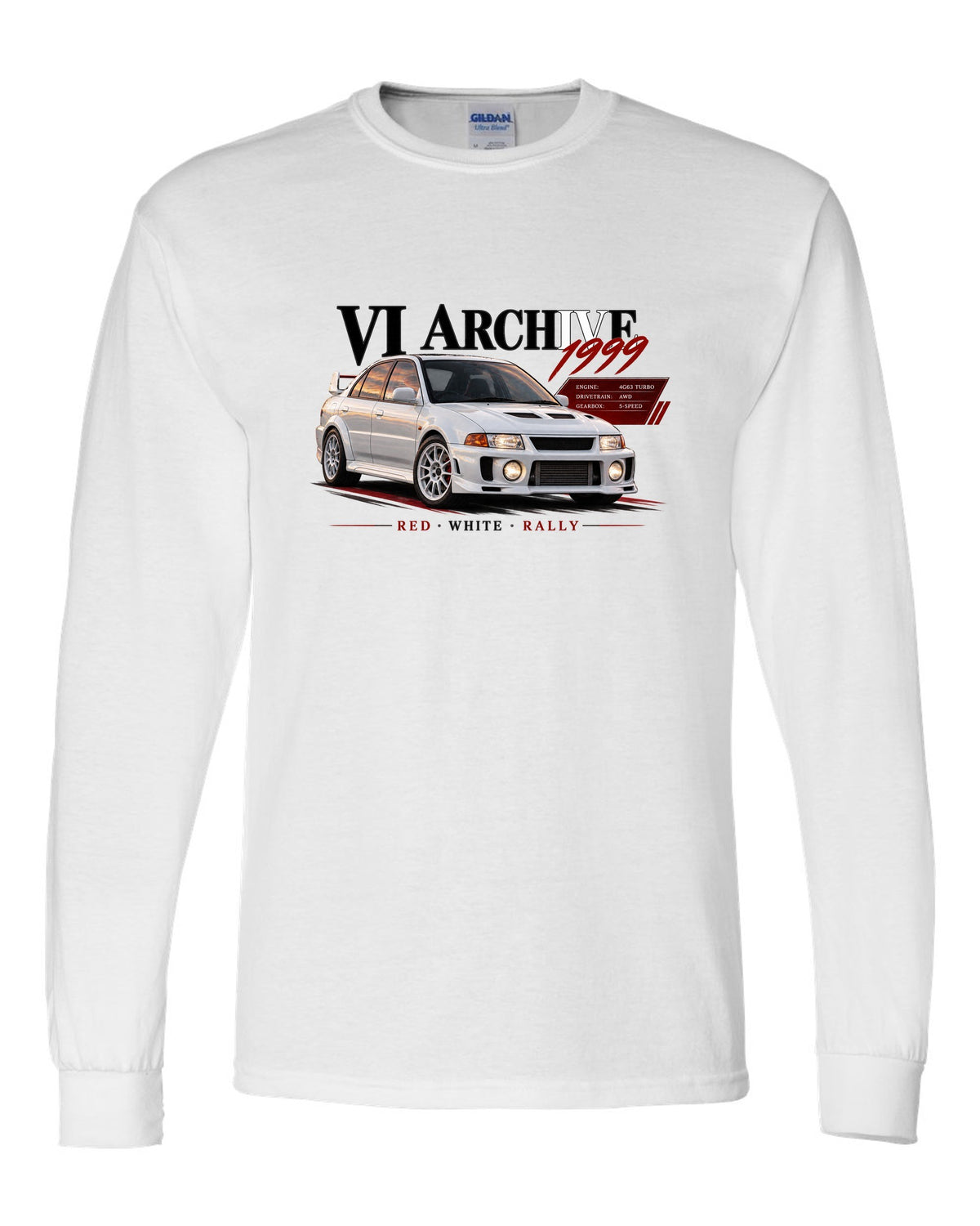 Archive panel print for the Mitsubishi Lancer Evolution VI CP9A listing 4G63 turbo, AWD, 5-speed, red white rally white long sleeve front view with the design