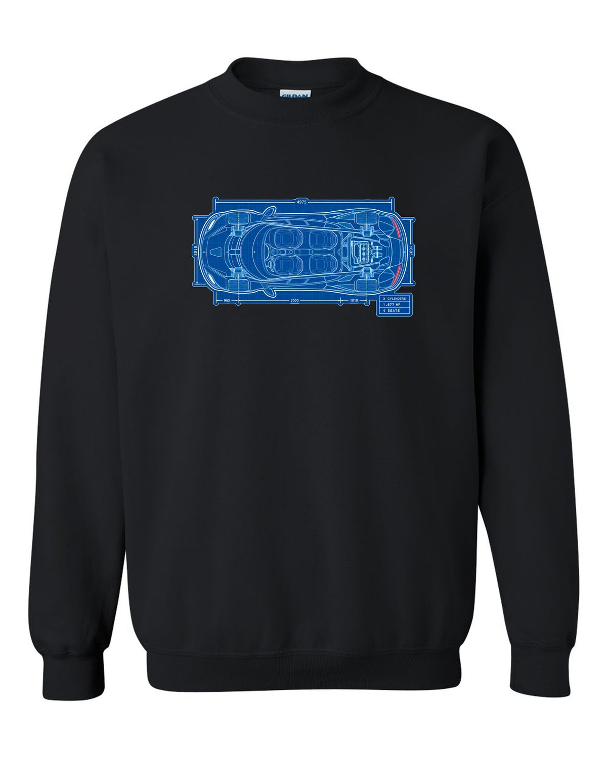 Technical blueprint print of the Koenigsegg Gemera seen from above with 3 cylinders and 4 seats lettering black crewneck front view with the design