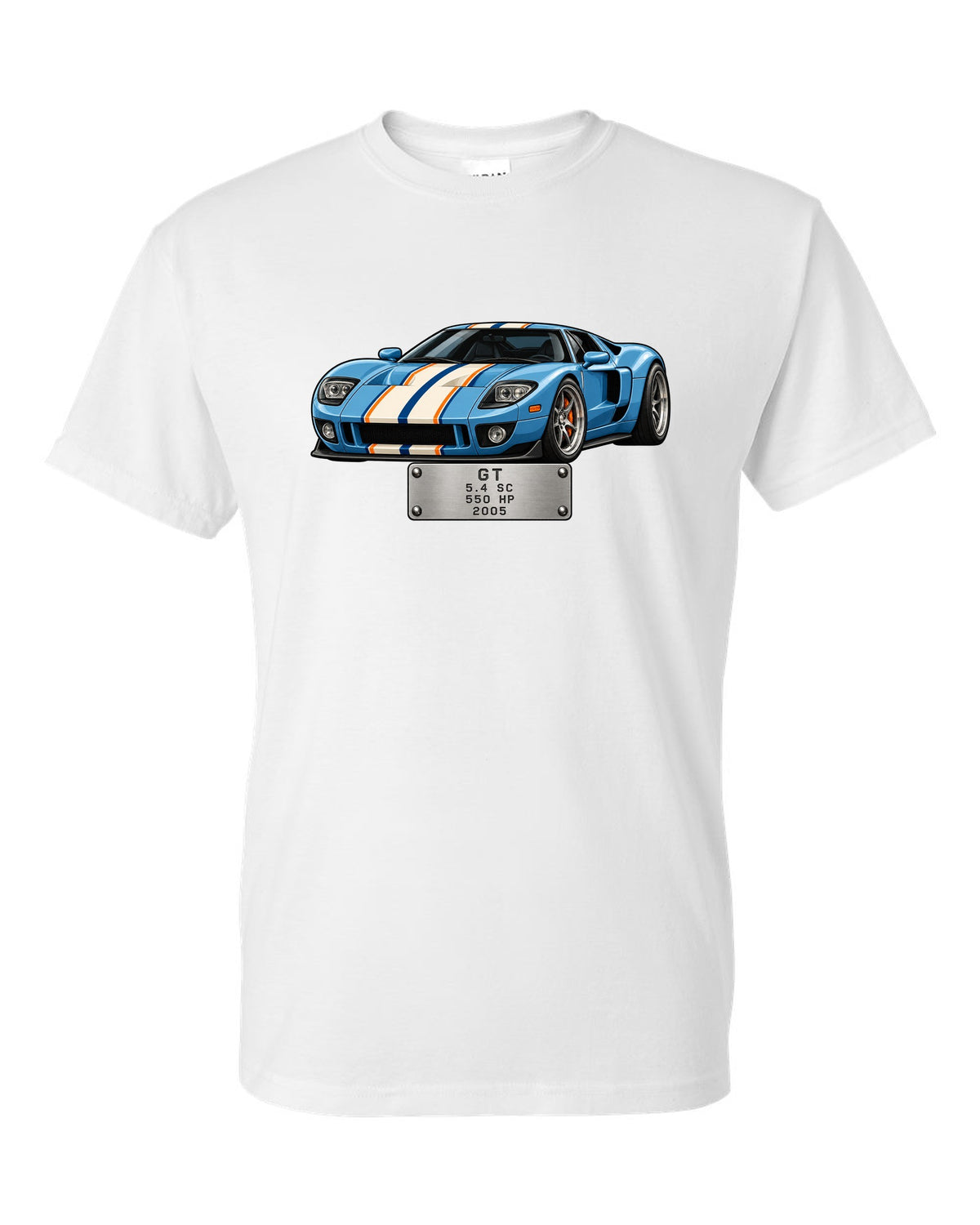 Spec-sheet data plate print for the 2005 Ford GT showing 5.4 SC, 550 HP white t-shirt front view with the design