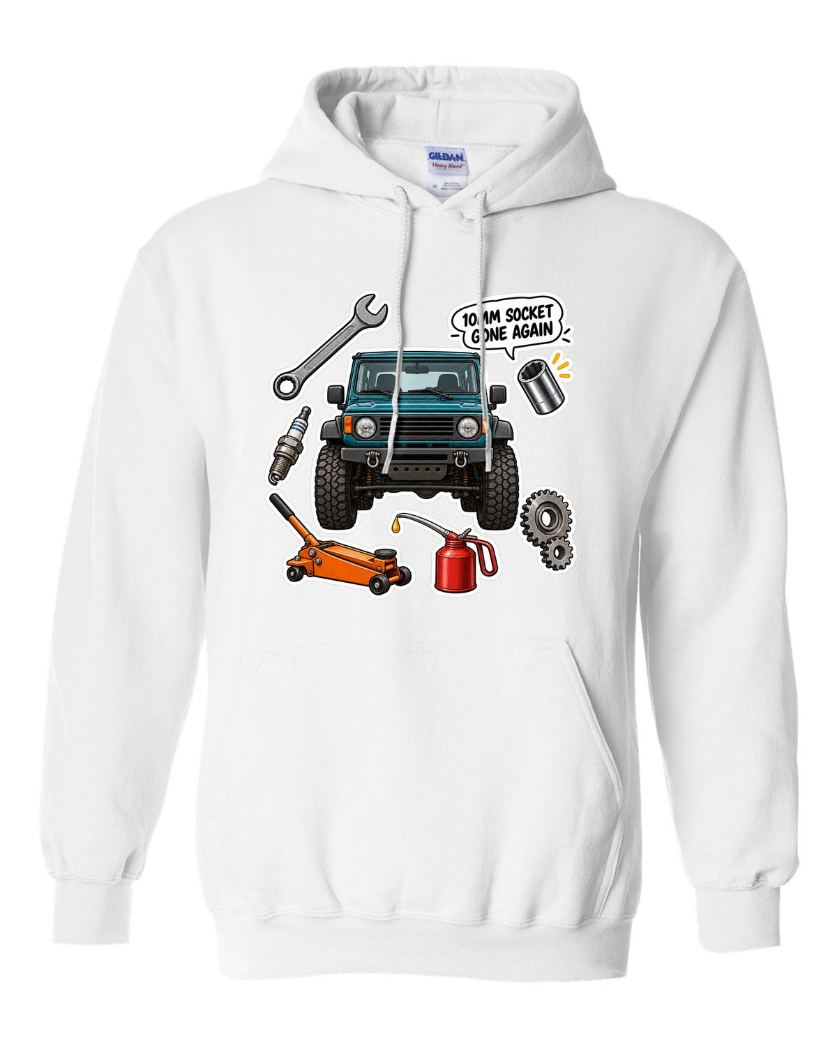 Jeep Wrangler TJ sticker bomb collage design with 10mm socket gone again text white pull over hoodie front view with the design