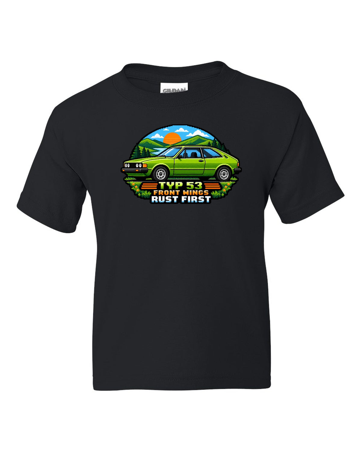 8/16-bit pixel art of a VW Scirocco Mk1 Typ 53 with front wings rust first text black kids tee front view with the design