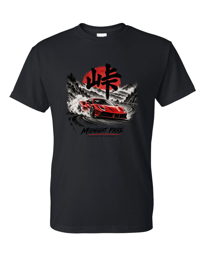 print of a Ferrari 488 GTB on a midnight mountain pass with kanji and 8,000 RPM text black t-shirt front view with the design
