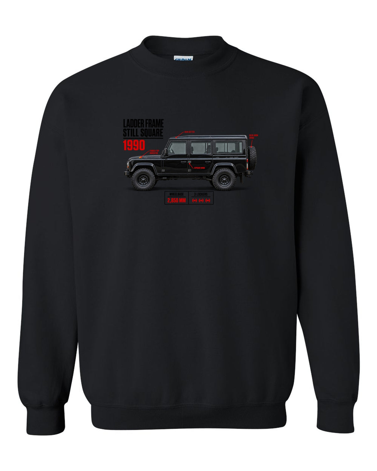 print spec poster of a Mercedes G-Class W463 with text ladder frame, 1990, still square black crewneck front view with the design