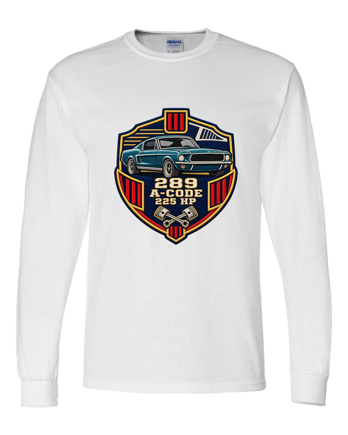 Embroidery-style varsity crest print for a 1967 Ford Mustang fastback A-Code 289 white long sleeve front view with the design