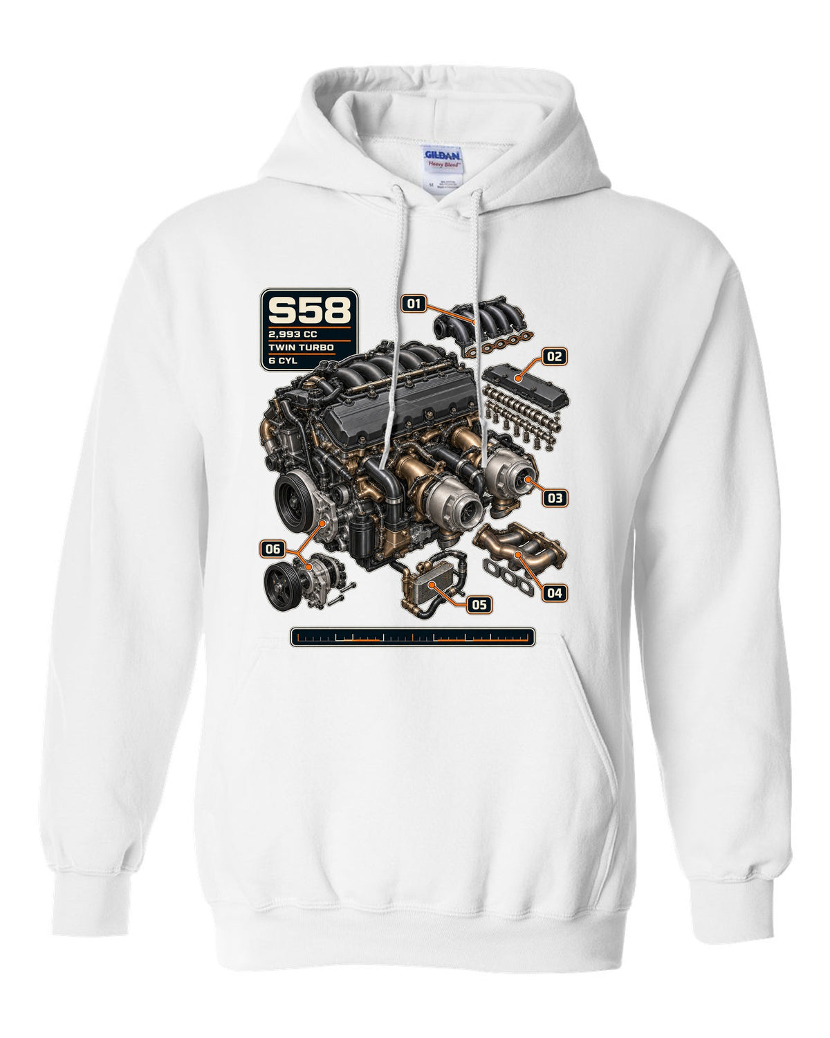 BMW S58 twin-turbo inline-six engine print with 2,993 cc text white pull over hoodie front view with the design