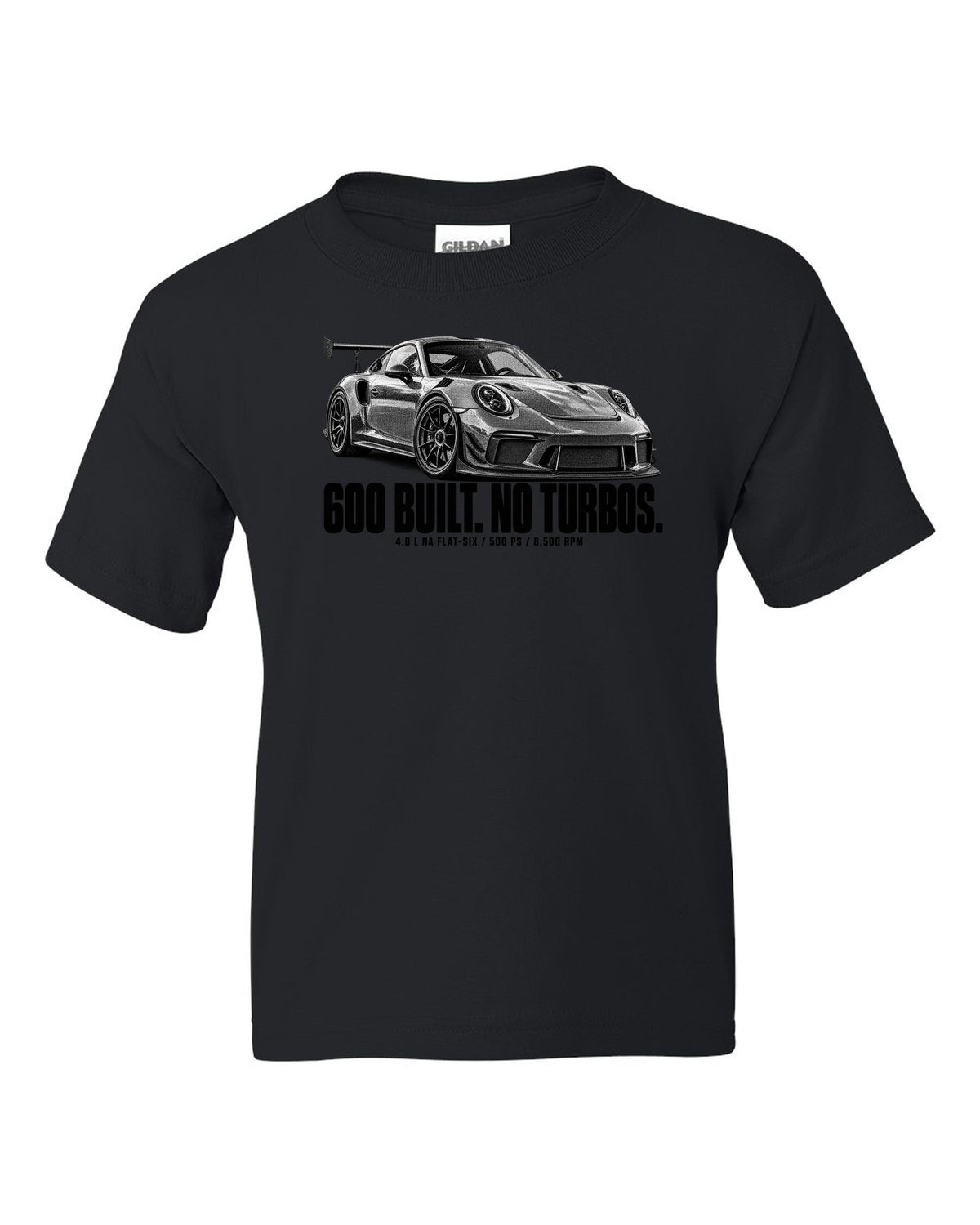 Halftone print of a Porsche 911 997 GT3 RS 4.0 with 600 built and 8,500 rpm lettering black kids tee front view with the design