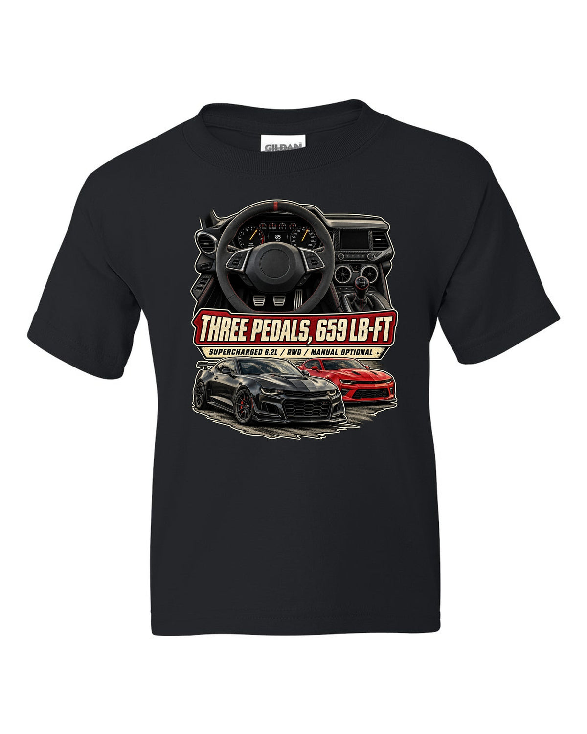 Gauge cockpit print of a 2022-25 Cadillac CT5-V Blackwing interior black kids tee front view with the design