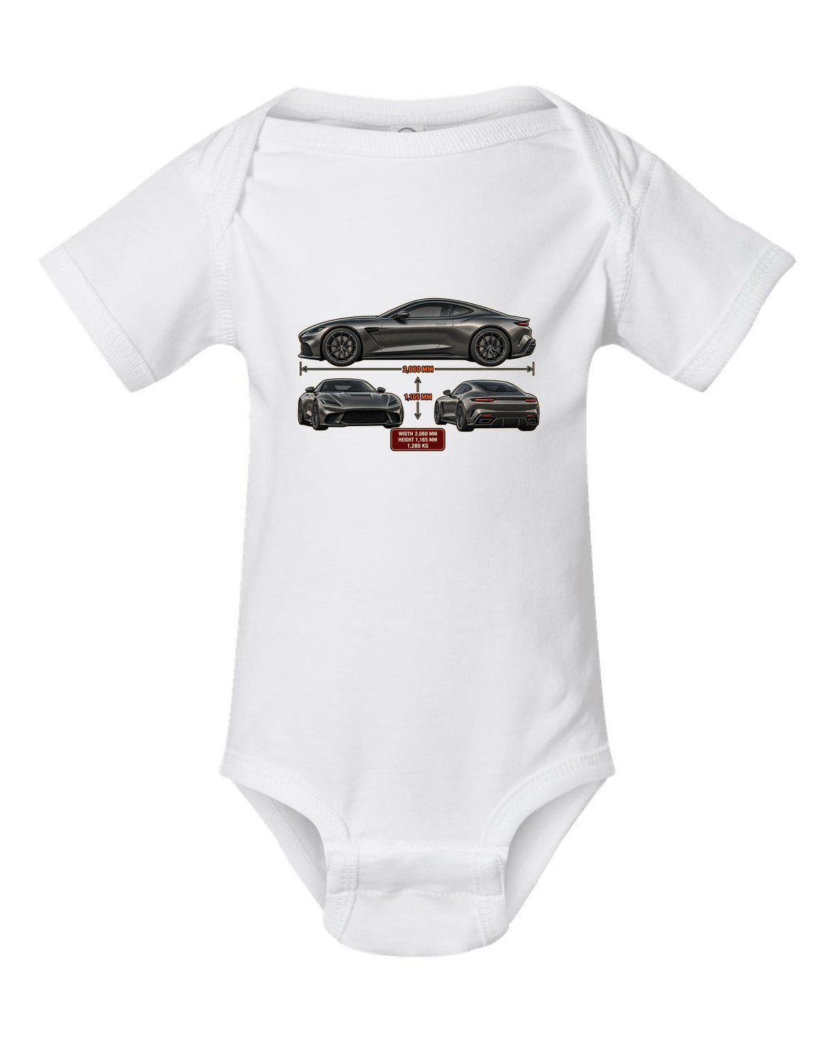 Three-view spec sheet print of the Pagani Utopia coupe with width 2,060 mm, height 1,165 mm, 1,280 kg white baby onesie front view with the design