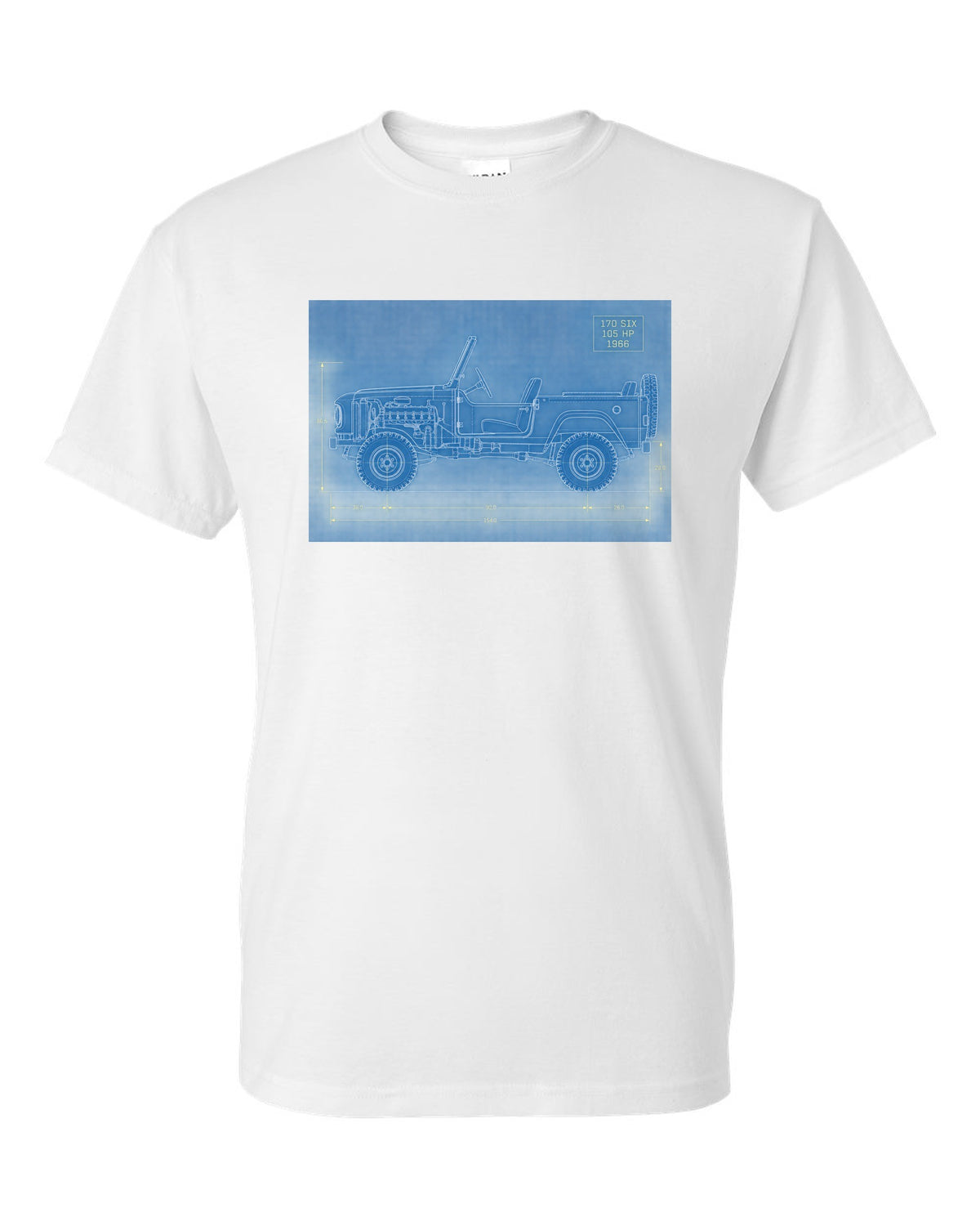 Blueprint-style line art of a 1966 Ford Bronco U13 roadster at a trailhead with 170 SIX 105 HP notes white t-shirt front view with the design