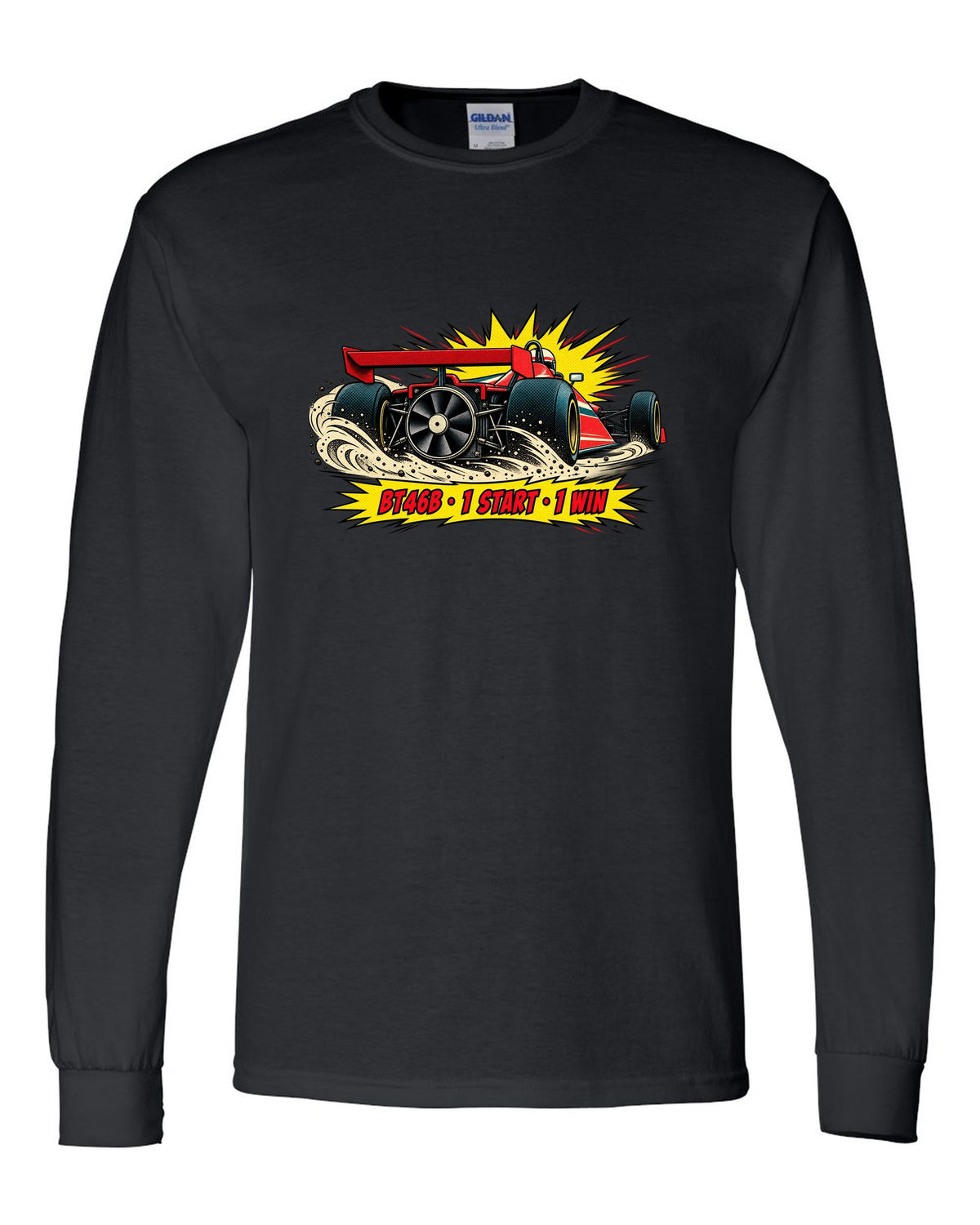 Comic halftone pop-art of the Brabham BT46B fan car with 1 start, 1 win text black long sleeve front view with the design