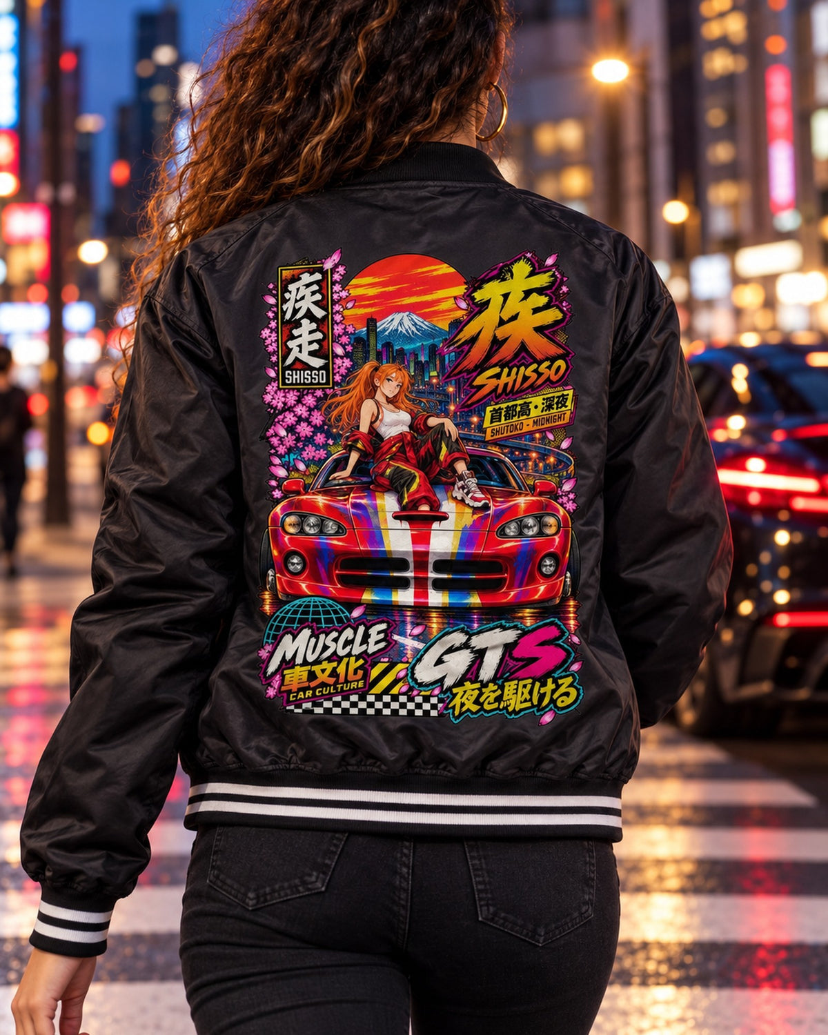 SHISSO GTS Anime Girl Full-Back Graphic Tee Bomber Jacket Black worn hero