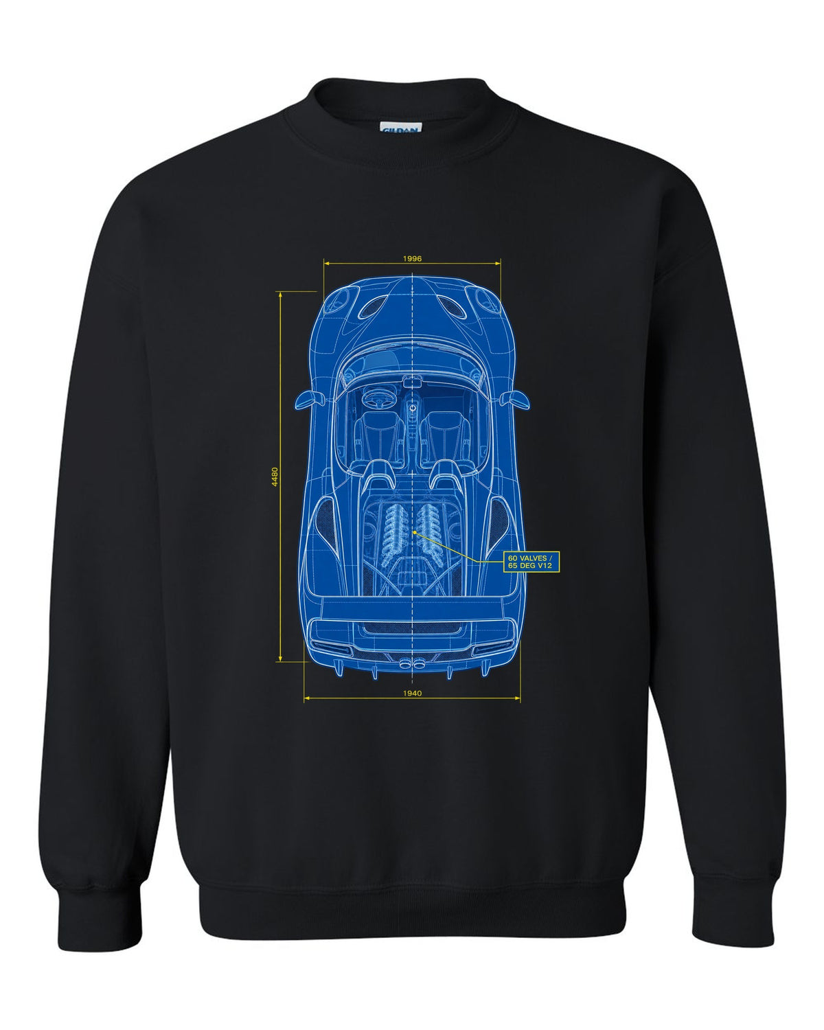 Top-down plan blueprint print of a 1995 Ferrari F50 F130 with 60 valves and 65 degree V12 text black crewneck front view with the design