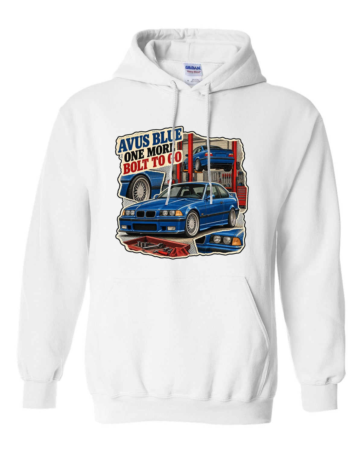 Vintage magazine ad collage print of an Avus Blue BMW E36 M3 with one more bolt to go text white pull over hoodie front view with the design
