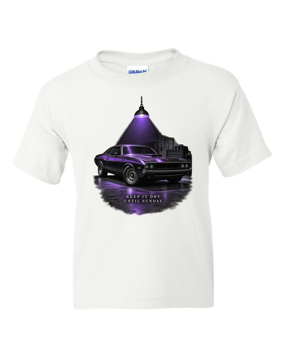 Garage night print of a Plum Crazy 1970 Dodge Challenger R/T with keep it dry until Sunday text white kids tee front view with the design