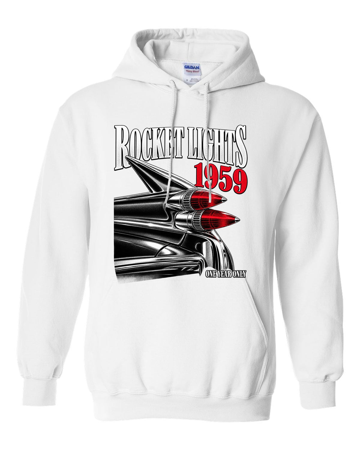 print macro of the rocket taillights on a 1959 Cadillac Series 62 Coupe de Ville white pull over hoodie front view with the design