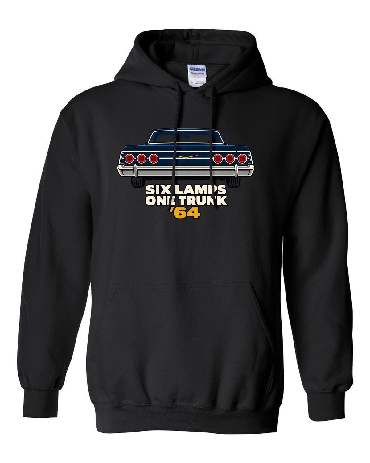 1964 Chevrolet Impala rear in minimal geometric vector style with text Six Lamps One Trunk '64 black pull over hoodie front view with the design