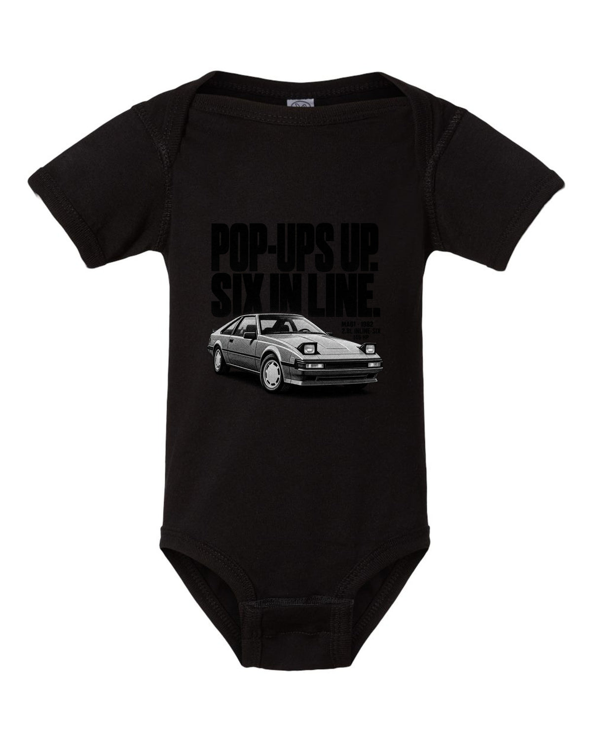 Halftone print of a Toyota Supra A60 MA61 wedge with the text Pop-Ups Up Six In Line black baby onesie front view with the design
