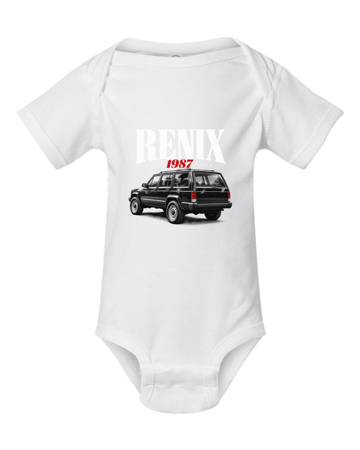 Jeep Cherokee XJ editorial headline print about the 1987 Renix 4.0 I6 white baby onesie front view with the design