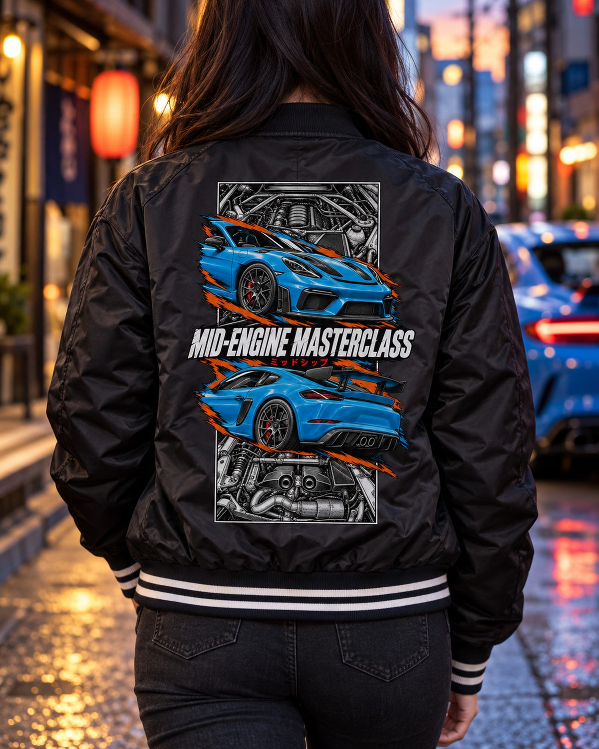 Porsche 718 Gt4 Torn Poster Full-Back Graphic Tee Bomber Jacket Black worn hero