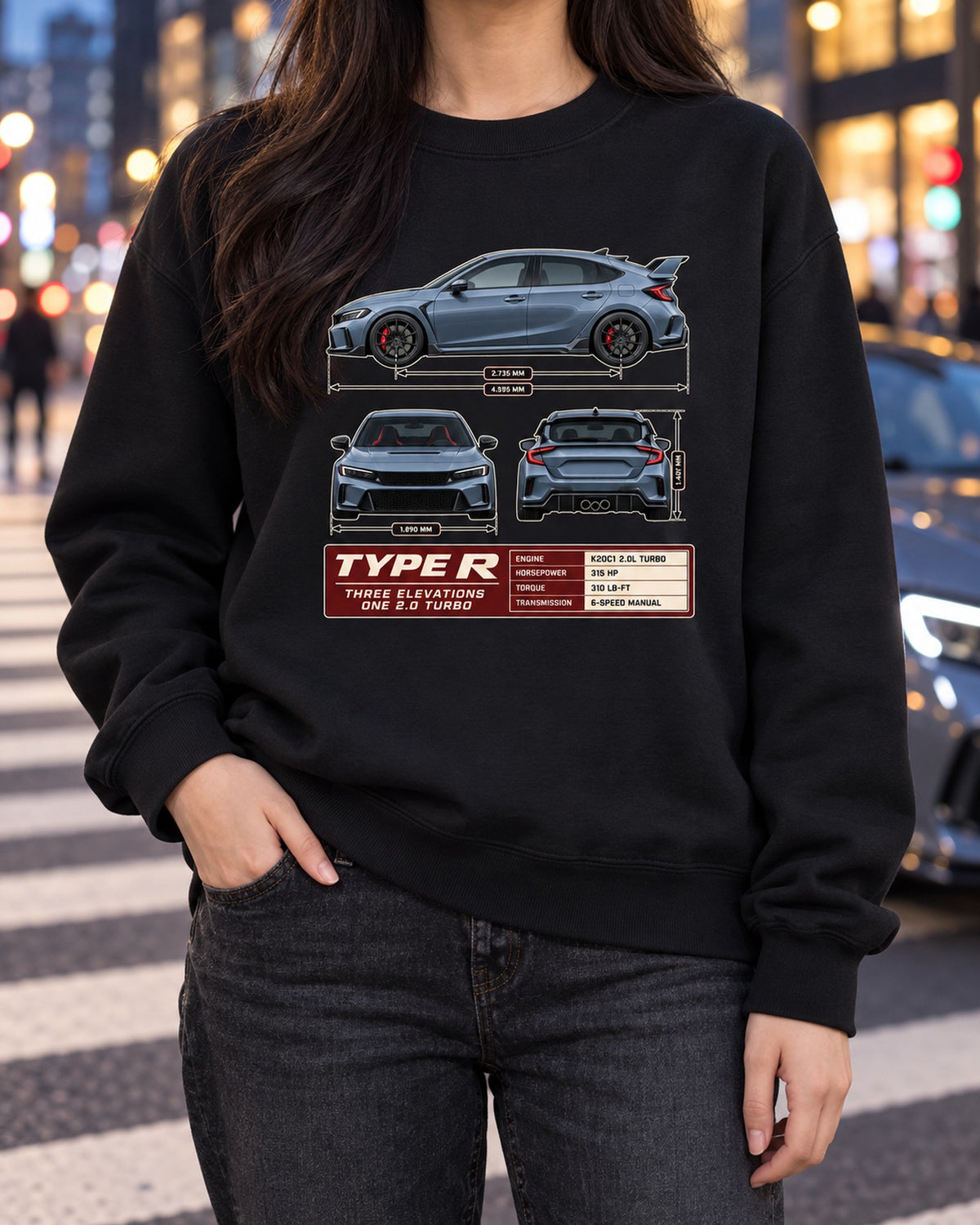 Civic Type R FL5 Three-View Spec Sheet Tee for Car Guys Crewneck Black worn hero