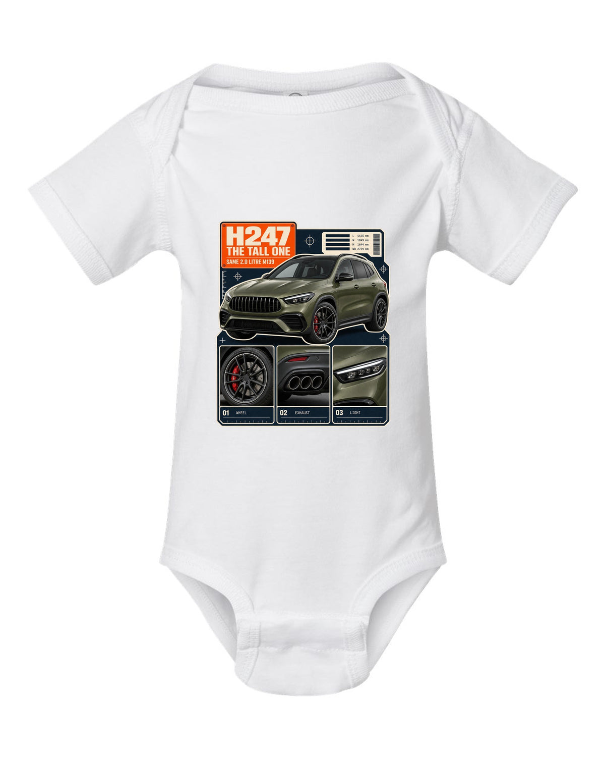 Mercedes-AMG GLA 45 S H247 dossier panel print white baby onesie front view with the design
