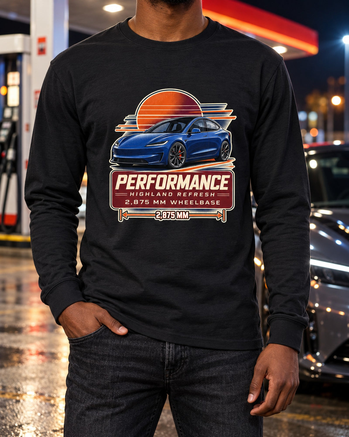 Tesla Model 3 Performance Highland Spec Poster Shirt, 2024 Long Sleeve Black worn hero