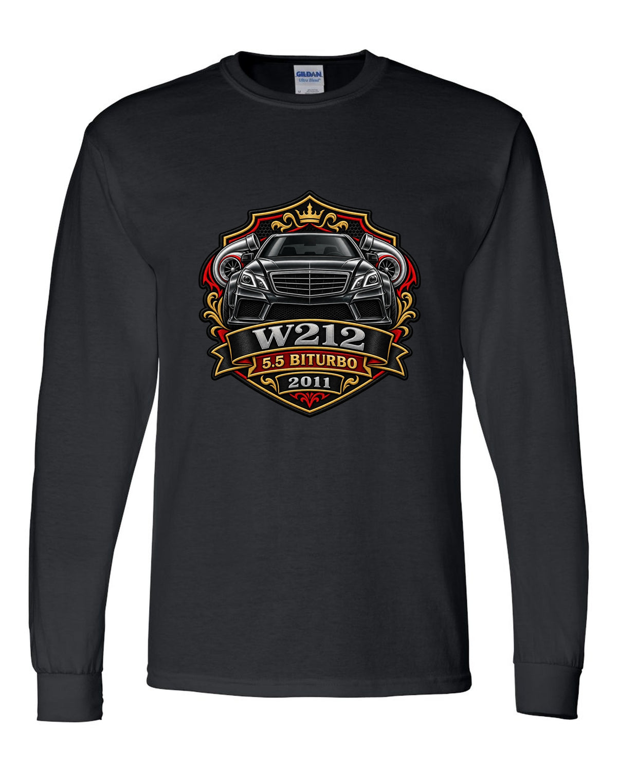 Varsity crest graphic reading W212 5.5 Biturbo 2011 for the Mercedes E63 W212, print black long sleeve front view with the design